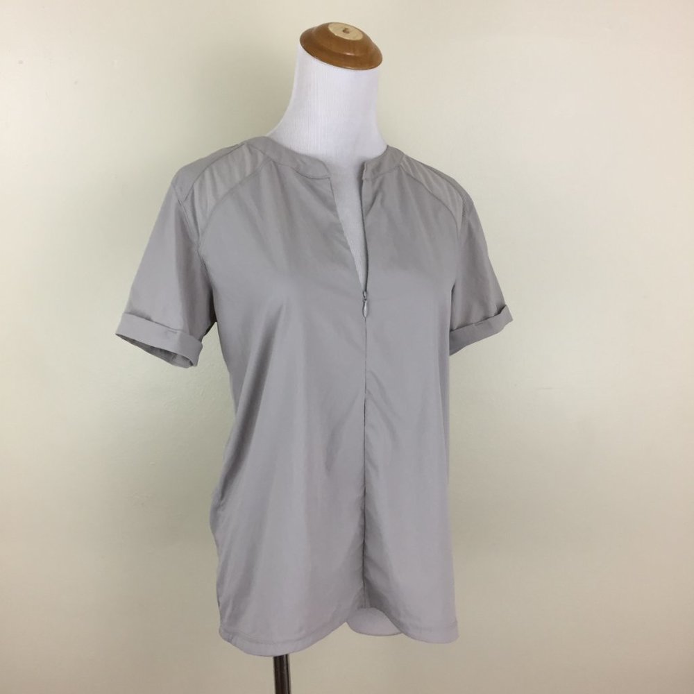 INDYGENA Taupe Ruching Back Short Sheer Sleeve Insert 1/4 Hidden Zip Shirt - Picture 4 of 11